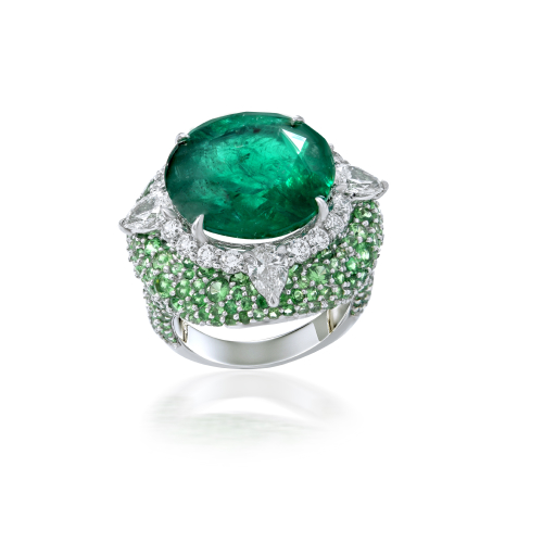 Zambian Emerald, Tsavorite and Diamond Ring